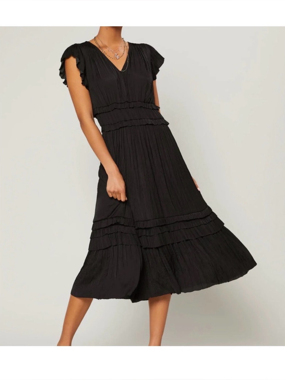 Current Air Black Ruffle Midi Dress - Women's Elegant V-Neck
